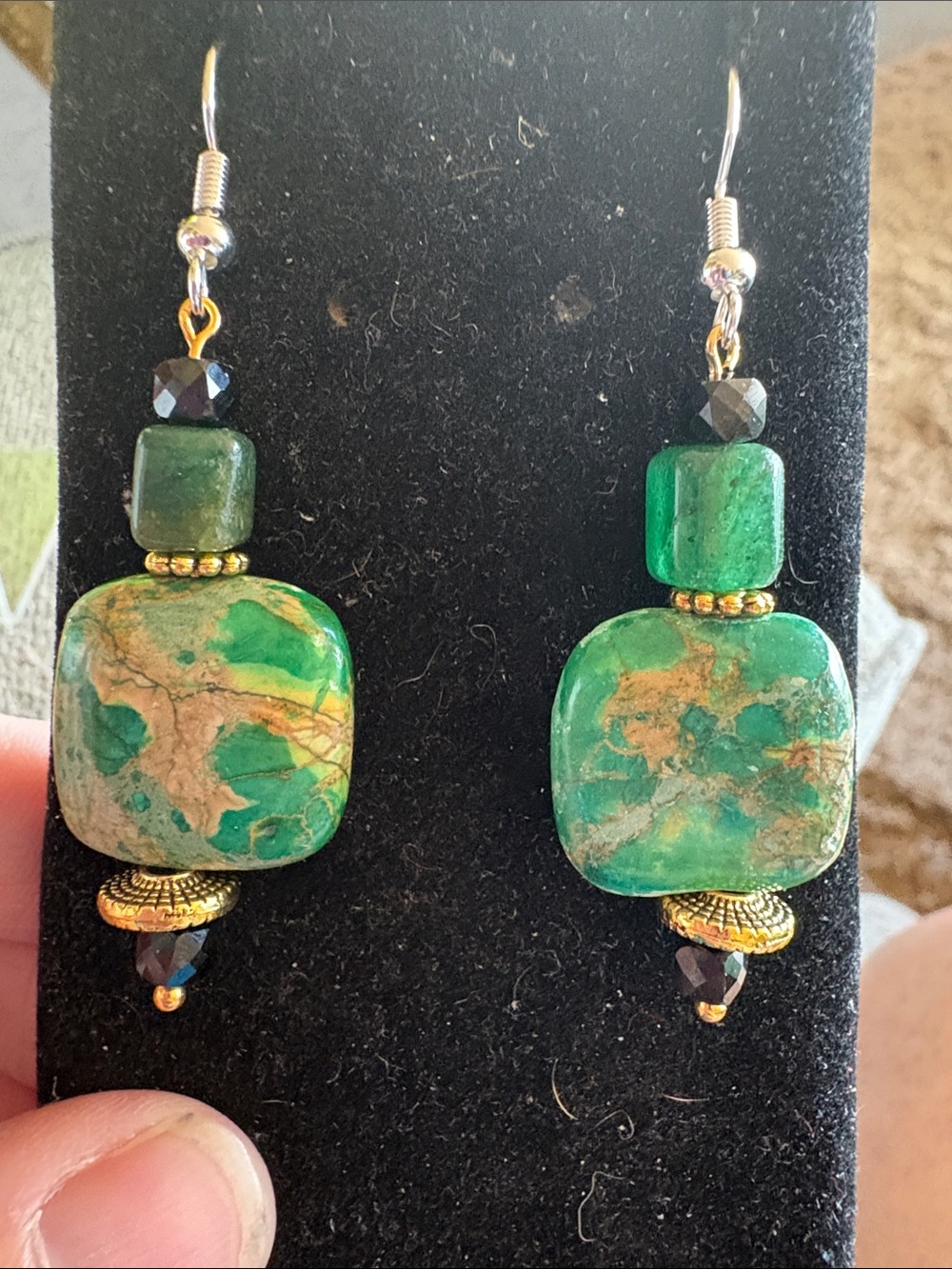 Hand Crafted Serpentine, Jade & Gold Accent Earrings - Women Jewelry